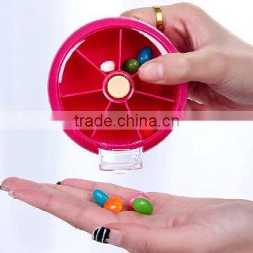 7 Day Round Rotating Press Button Plastic Pill Box/ 7comparment Plastic Pill Case
