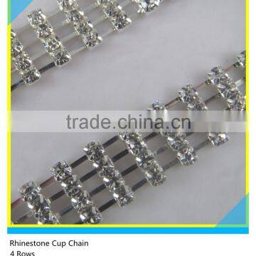 4 Rows Silver Based Glass Material Crystal Rhinestone Cup Chain For Dress