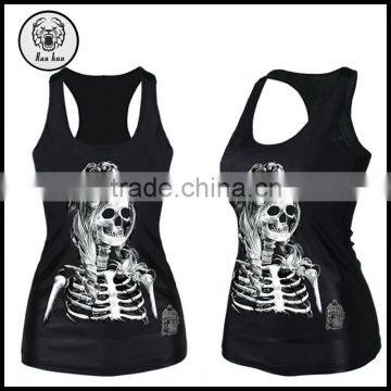 2015 Wholesale DIY Skull Print Sleeveless Black 3D Printing t Shirt for Women