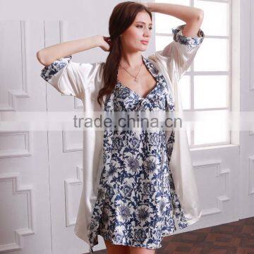 Womens faux silk Luxury 2 piece sleepwear sets, blue and white porcelain printed nightgown and robe sets