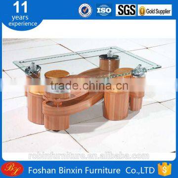 Living room furniture RB-861 modern "S" Shape transparent glass&pu coffee table rectangular glass tea table with small stool