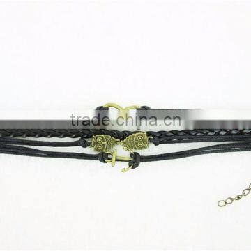 Leather Bracelet, Fashion Owl Anchor 8 Charms Jewelry PU Stingray Leather Bracelet, Bracelet Jewelry Wholesale PT2155