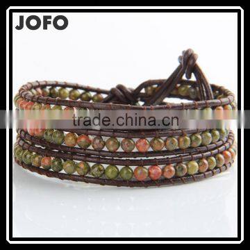 Hot Bohomian Style Fashion Jewelry 4mm Natural Malachite Beaded Bracelet Leather Mulitlayer Bracelets& Bangles