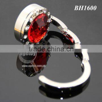 Round Red Crystal White Rhinestones Multi-function Fashion Handbag Hook Hanger Promotion Metal Foldable Mirror Bag Holder photo-6