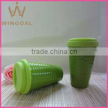 Colorful ceramic double wall mug with silicone lid