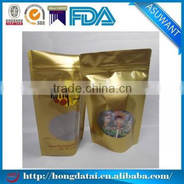 custom printing gold stand up pouch with zipper for snacks packaging