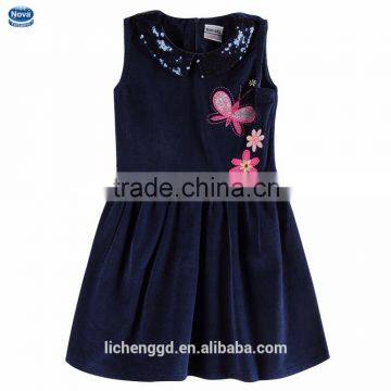 NOVA2015 latest fashion dress with high quality butterfly floral embroiderd kids girls sleeveless dresses with shivering collar