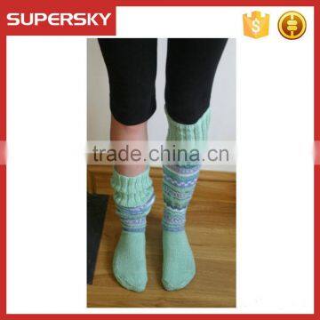 V-154 Factory cheap crochet long light green stripe warming ski socks/leg warmers