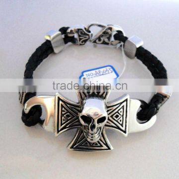 new arrival bracelet, cross leather bracelet, genuine leather bracelet with steel clasp, skull leahter bracelet AB035