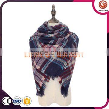 New arrival 2 color assorted plaid acrylic ladys warm winter scarf with fringe