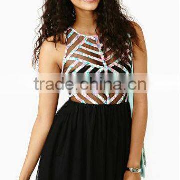 2013 New Arrival Stylish Sexy Mini Floral Print Lattice Detailing and Tulle Overlay Dress BE-52