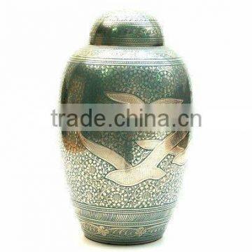 Hand Engraved Flying BirdsGreen Solid Brass Metal Cremation Funeral Urn