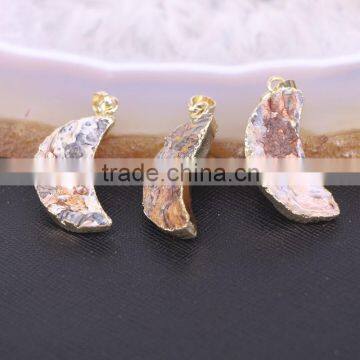 Natural Titanium AB Brazilian Galaxy Quartz Pendants, Crescent Shape Gold Plated Druzy Drusy Gem Stone Pendant