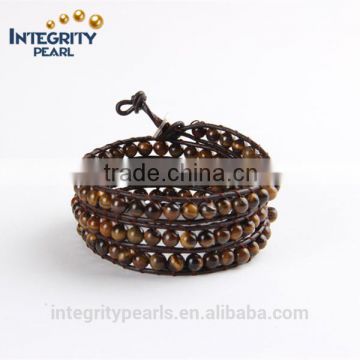 6mm natural tiger eye stone vintage hot selling four rows leather bracelet punk style