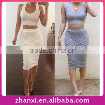 Wholesale girls crop top and midi skirt two piece ladies woman sexy dress cotton design