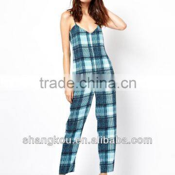 light color fashion ladies spaghetti strap check fabric v neck jumpsuits