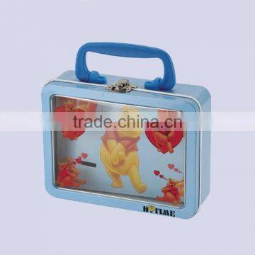 metal lunch tin box with big clear window and handle