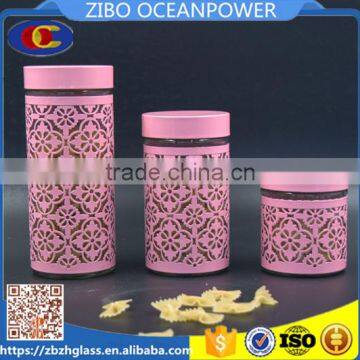 Set of 4 Glass Storage jar glass food bottle with pink metal coat