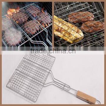 Chrome-Plated Metal Six Hamburger BBQ Grill Basket & Wire Meat Barbecue Grid Wood handle on sale