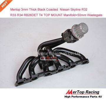Mertop 3mm Thick Black Coated Niss** Skyline GTR R32 R33 R34 RB26DETT RB26 T4 TOP MOUNT Turbo Exhaust Manifold+50mm Wast photo-4