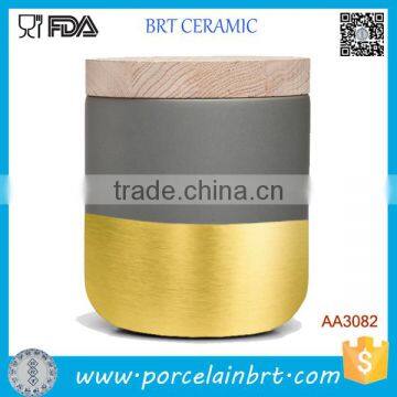 With Lid Round Shape Bottom Gold Plate Glazed Ceramic Candle Jar