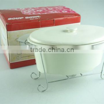 stock white oval ceramic soup tureen with cover and steelness parts, color gift box for promotion