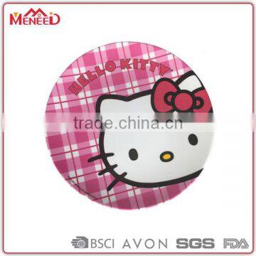 Food grade children's melamine ware girls favorite pink kitten face printed round plastic plate for kids