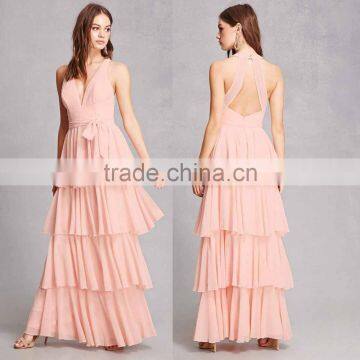 wedding party Pink dressing gown 100% polyester Deep V Neck racerback Ruffle Tiered Gown bridemaid dresses