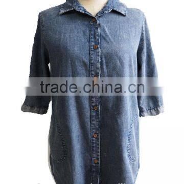 Chambray Denim Button-Down Tunic Top Blouse