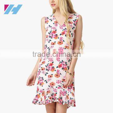 Summer Latest Fashion V Neck Floral Printed Mini Shift Dress Pattern 2016 photo-2