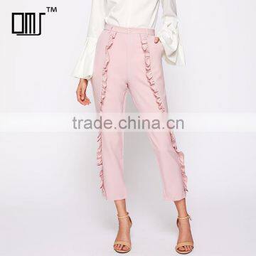 Frilled women's tailored fitted pants high waist pink cropped trousers