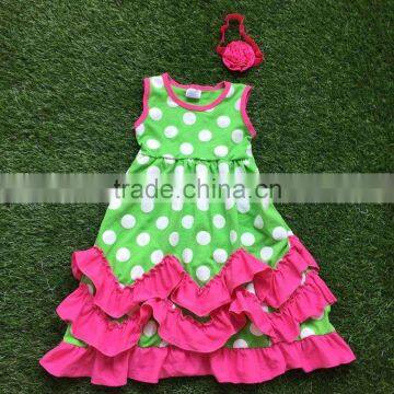 2016 New Baby Girls Dress Boutique Dress Green White Polka Dot Dress Ruffle Dress With Headband