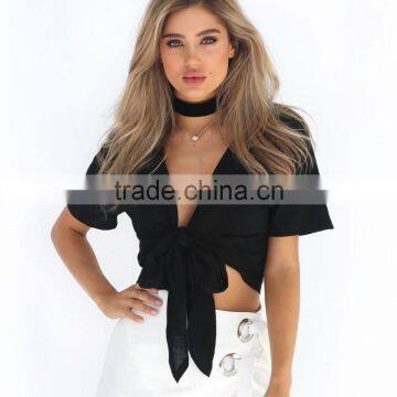 Latest Design Sexy Deep V Neck Crop Tops Short Sleeve Blouse 2017 photo-3