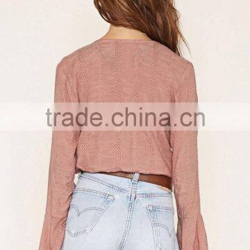 2016 High Quality Plain Dyed Cotton Fashionable Summer Bell Sleeve Blouse photo-3