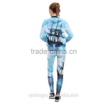 blue sailing boat bra pants hoodies 3 piece set /morning fitness training athletic legging 3 piece set / sports suit