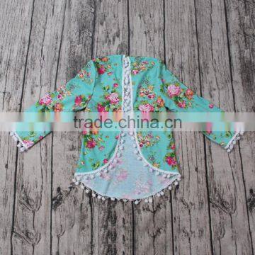 Green Floral patterns dress Kimono Pompom Ball Fall designs long sleeves wholesale baby clothes