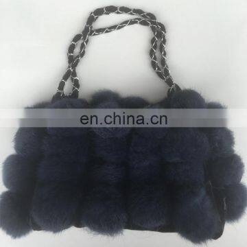 Popular style real rabbit fur balls bag fur pom poms cute tote bag for women