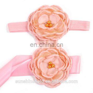 Satin Flower Sash Matching Baby Headband Gold Layered Flower Sash Belt Luxe Headband