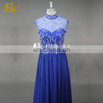 Elegant Real Sample Sleeveless High Collar Beads See-through Back Chiffon Evening Dress