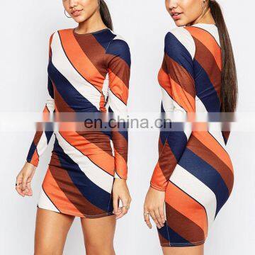 New Popular European Stylish Women Fire Striped Designer Long Sleeve Colorblock Mini Pencil Dress