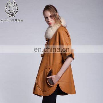 Winter Fur And Leather Overcoat Fox Fur Collar Sheepskin Fur Coat Cream Collar Lamb Fur Jacket photo-2