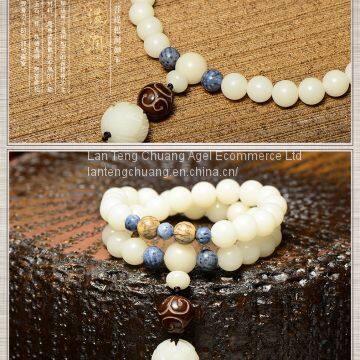 The Original Natural White Jade Buddha Hand on Weathering of Bodhi Seed Bead Bead Bracelet Original Folk Style photo-2
