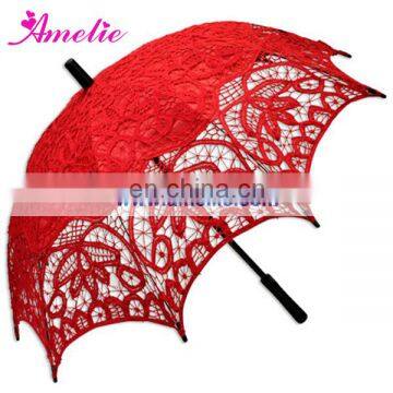 Battenberg Lace Parasol, red parasol with black handle