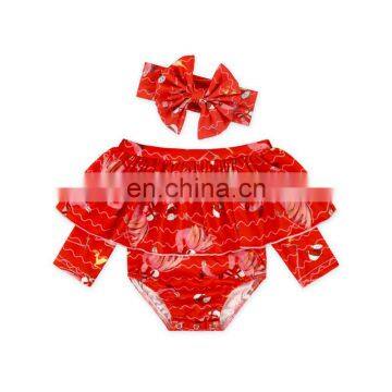 Fashion off Shoulder Long Sleeve Ruffle Baby Romper Bodysuit and Floral Headband 13 Styles You Can Choose photo-3
