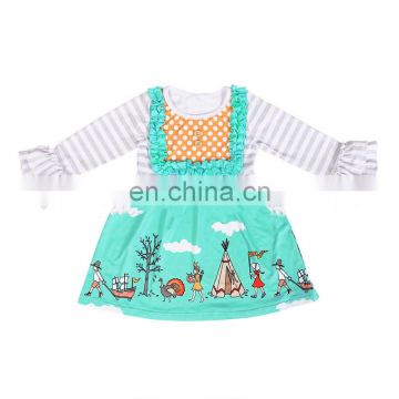 Thanksgiving Kids Girl Clothing Dress Long Sleeve Turkey Printed Stripe Ruffle Baby Clothes Dress