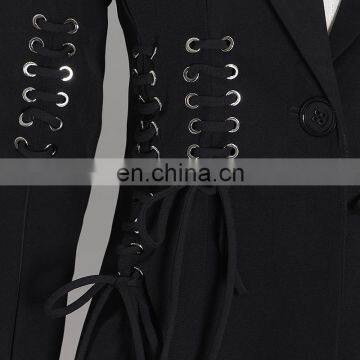 TWOTWINSTYLE Spring Casual Lapel Long Sleeve Bandage Split Slim Black Women's Blazer photo-5