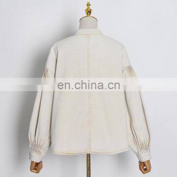 TWOTWINSTYLE Coat For Women Stand Collar Lantern Sleeve Ruched Large Size Loose Casual photo-3