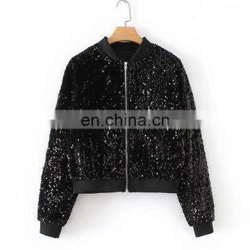 High quality fashion bomber zippered sequin jackets lady Windbreaker Sequin Bomber Jacket for Women