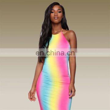 2020 New Fashion Sleeveless Rainbow Printing Dress for Summer Cheap Wholesale