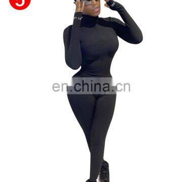 High Quality Solid Color Ribbed Long Sleeve Jumpsuit photo-5